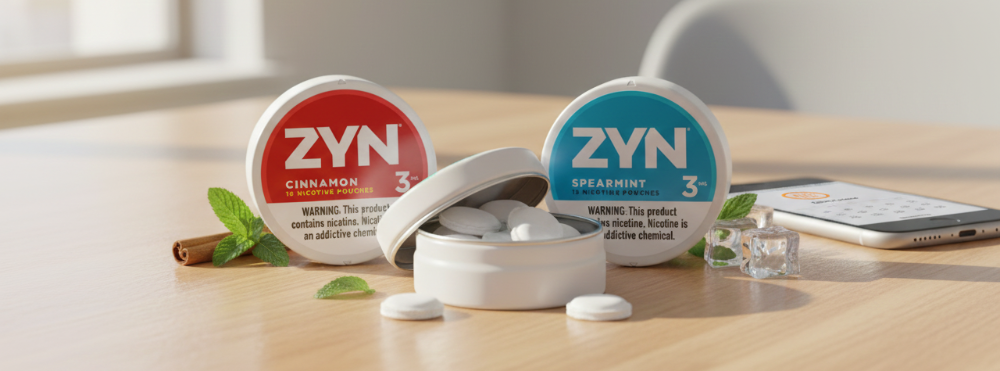 ZYN products on a table with 'OWN YOUR MOMENT' text
