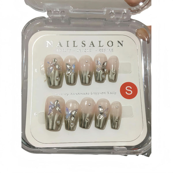 Reusable Handmade Acrylic Press - on Nails - Silver Mirror Butterfly - B & J Wholesale