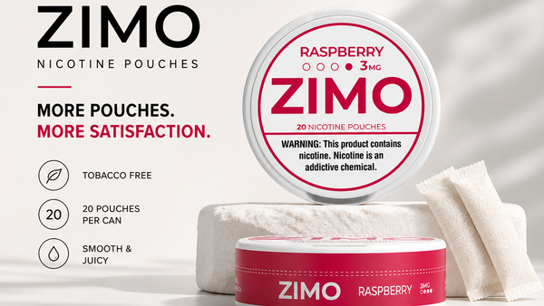 Zimo nicotine pouches packaging with product details on a neutral background